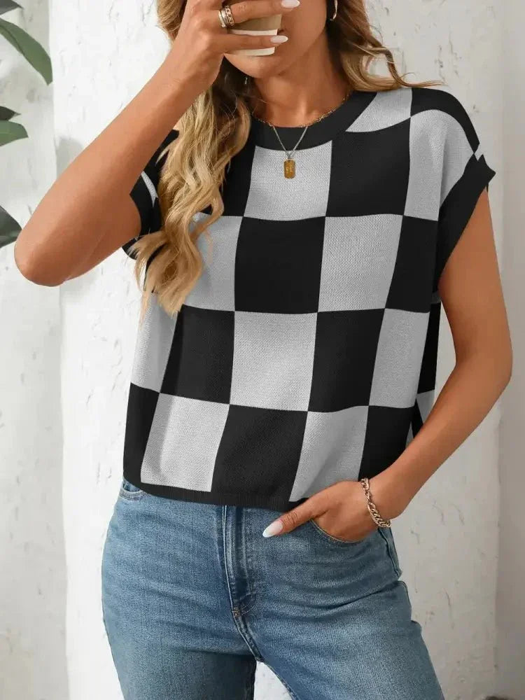 Mandy Checkered Round Neck Cap Sleeve Knit Top - Update AvenueTrendsi10010012881506510010012881506556f3d040 - 2adb - 4fc7 - ba51 - eec8103ef74e - MaxPink