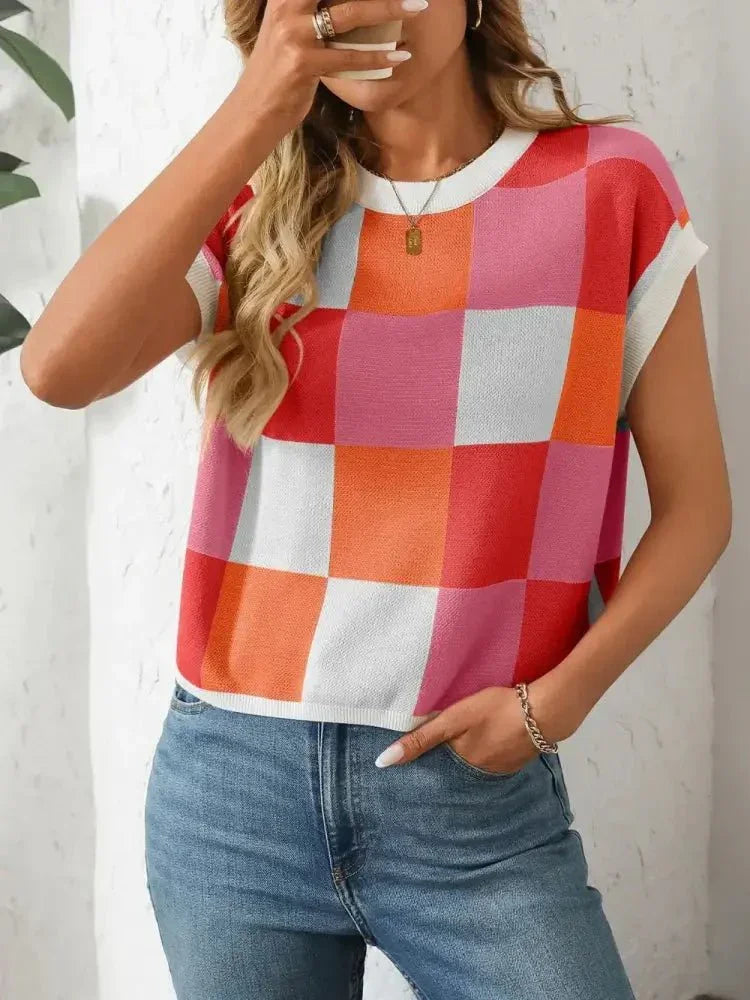 Mandy Checkered Round Neck Cap Sleeve Knit Top - Update AvenueTrendsi1001001288150651001001288150658504ea01 - 8713 - 483c - a195 - a5e94ff77afe - MaxPink