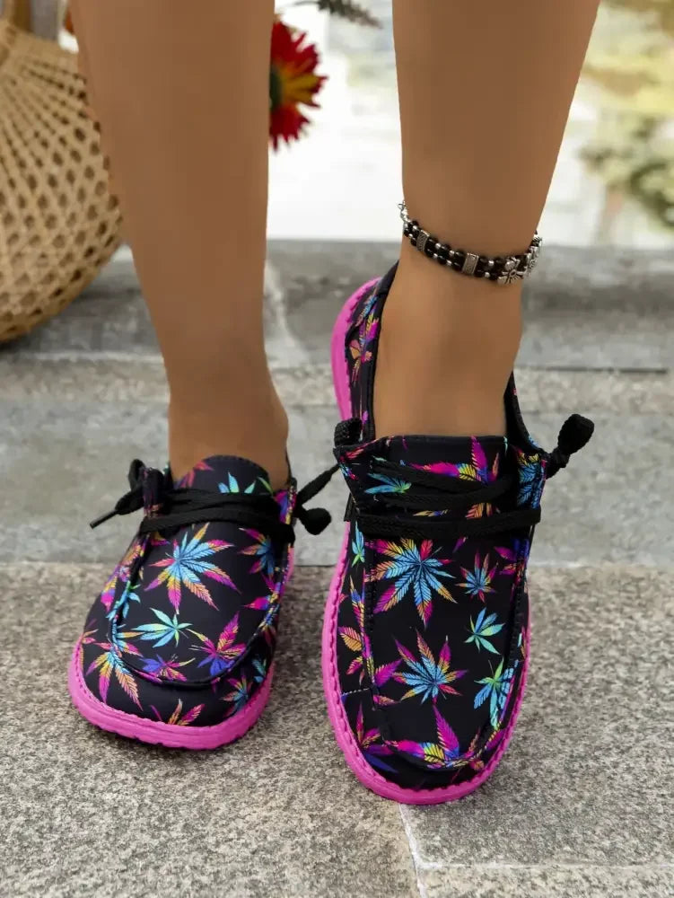 Maple Leaf Print Round Toe Slip-Ons