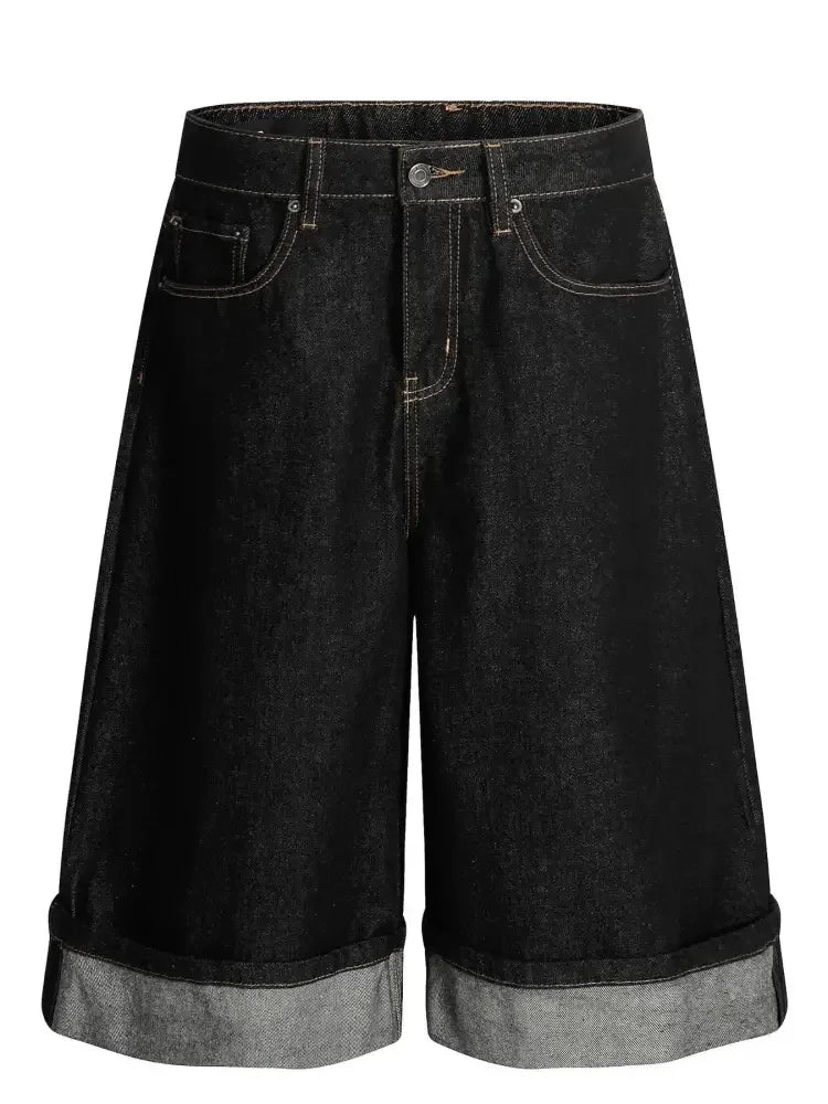 Men's Baggy Denim Shorts with Cuffed Hem