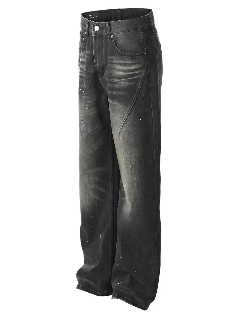 Men's Baggy Straight Leg Jeans with Paint Splatter Details