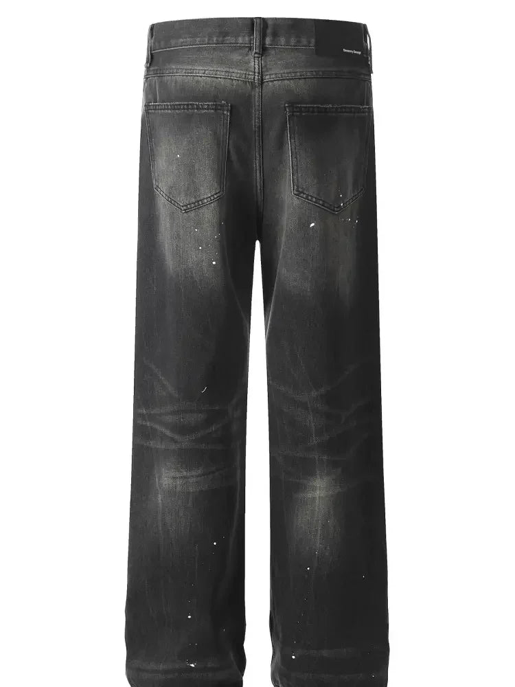 Men's Baggy Straight Leg Jeans with Paint Splatter Details