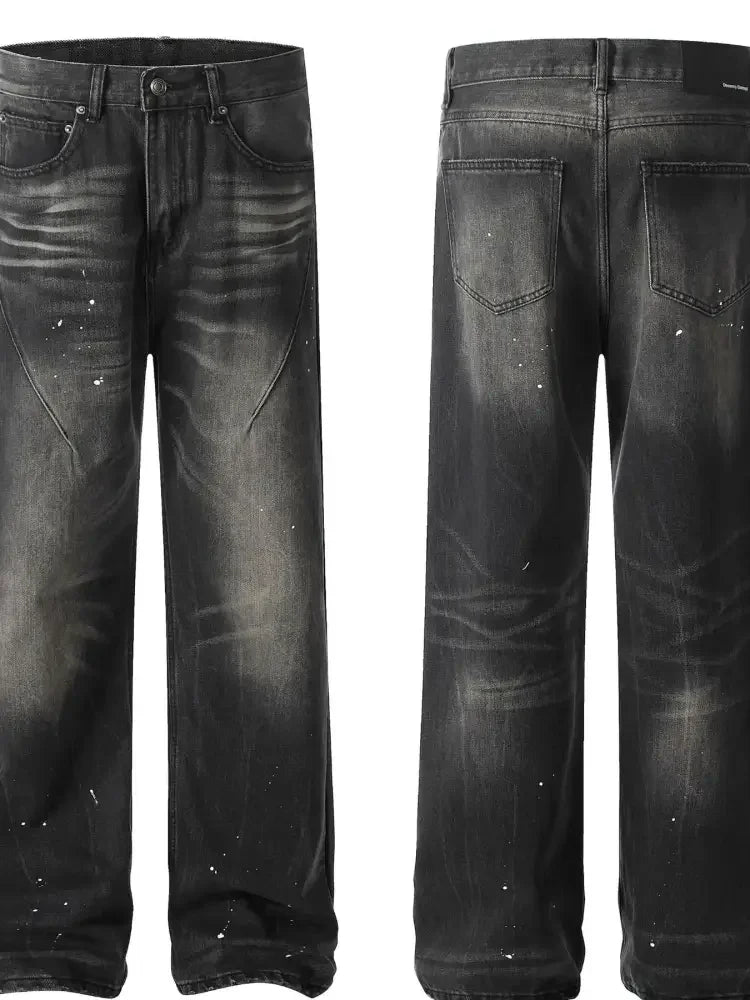 Men's Baggy Straight Leg Jeans with Paint Splatter Details