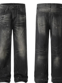 Men's Baggy Straight Leg Jeans with Paint Splatter Details