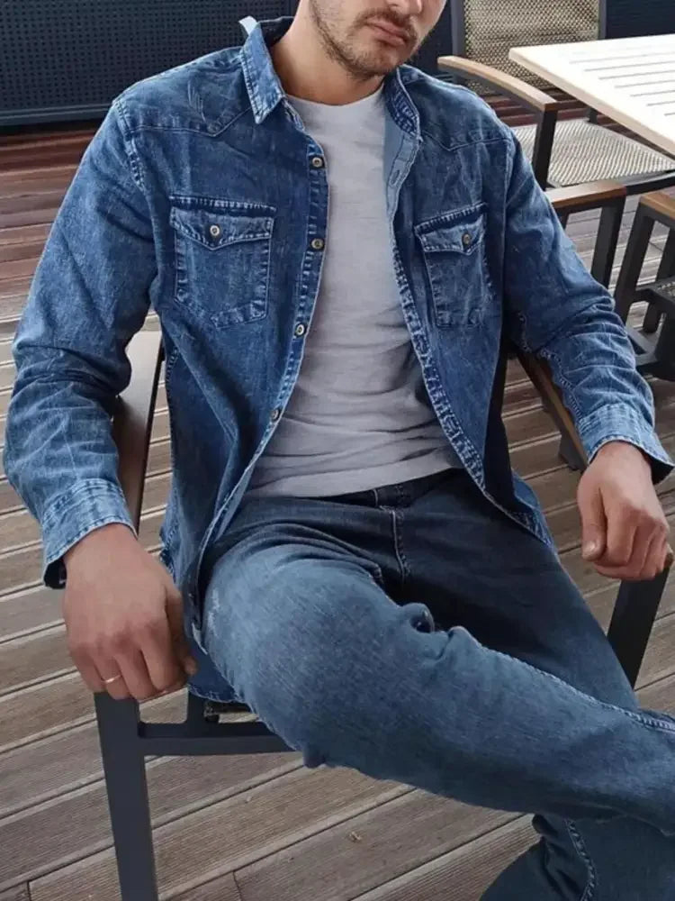 Men's Button Up Long Sleeve Denim Shirt