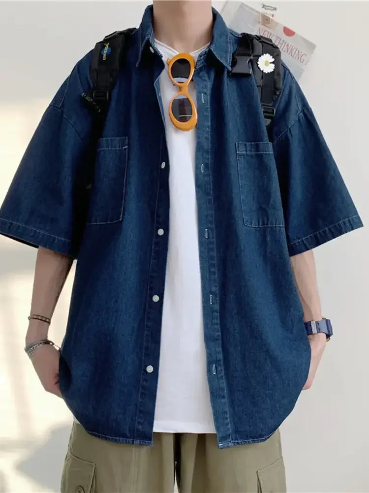 Men's Button Up Short Sleeve Denim Shirt