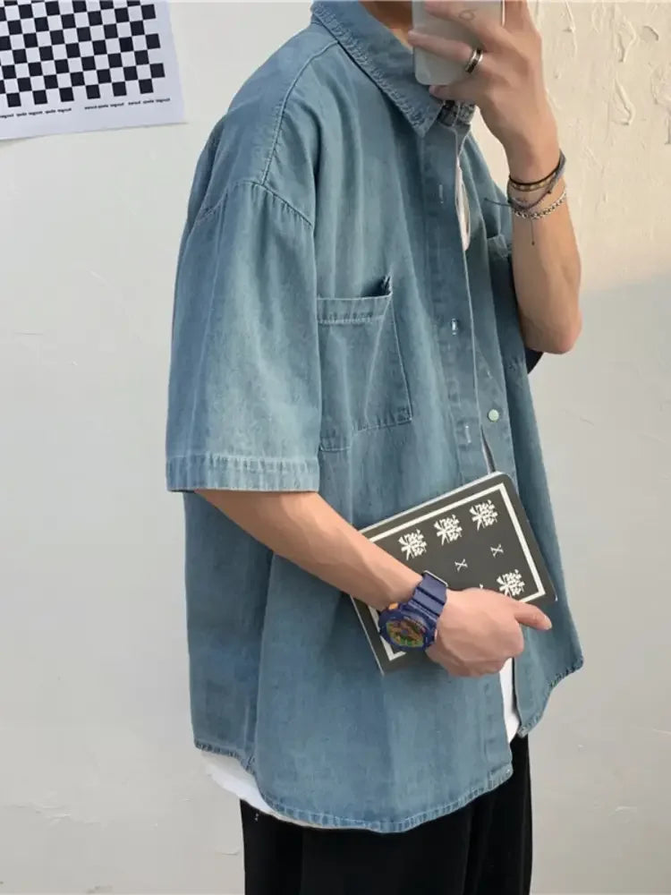 Men's Button Up Short Sleeve Denim Shirt