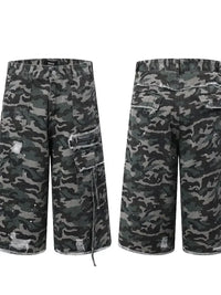 Men's Camo Print Cargo Denim Shorts with Multiple Pockets