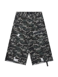 Men's Camo Print Cargo Denim Shorts with Multiple Pockets