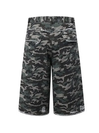 Men's Camo Print Cargo Denim Shorts with Multiple Pockets