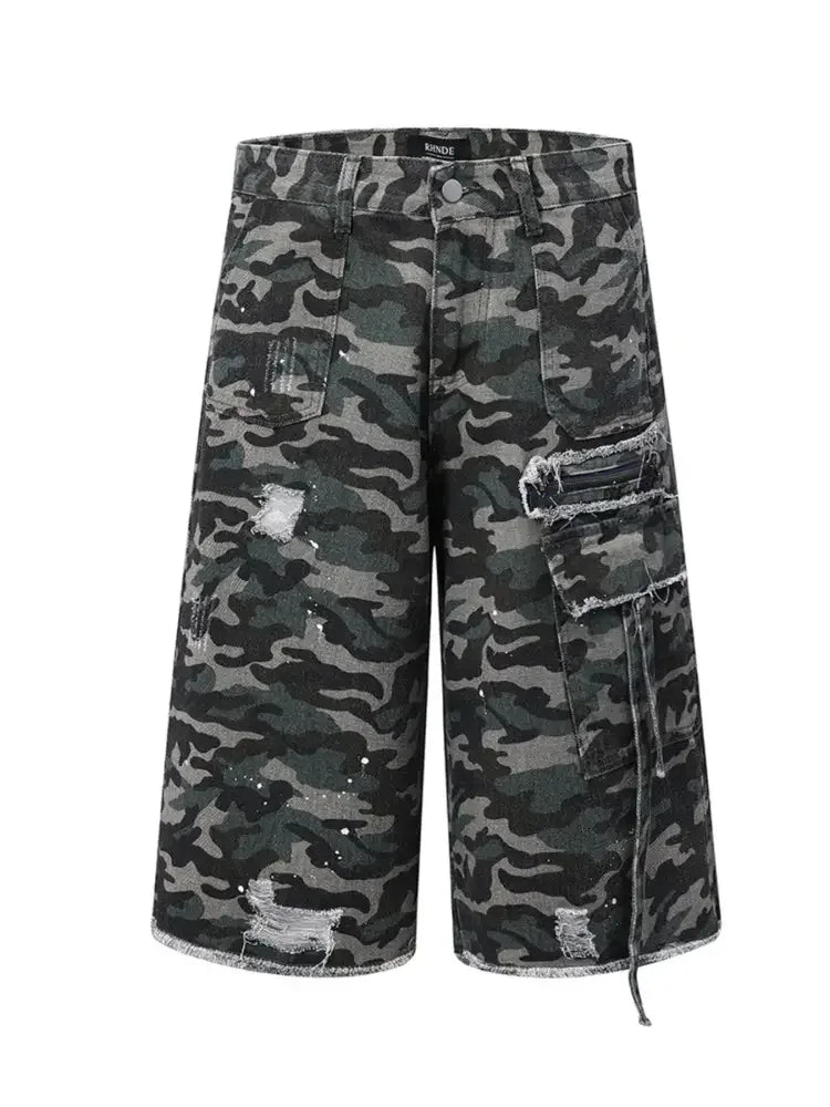 Men's Camo Print Cargo Denim Shorts with Multiple Pockets
