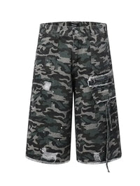 Men's Camo Print Cargo Denim Shorts with Multiple Pockets
