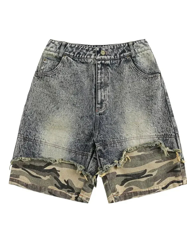 Men's Camouflage Patchwork Denim Shorts