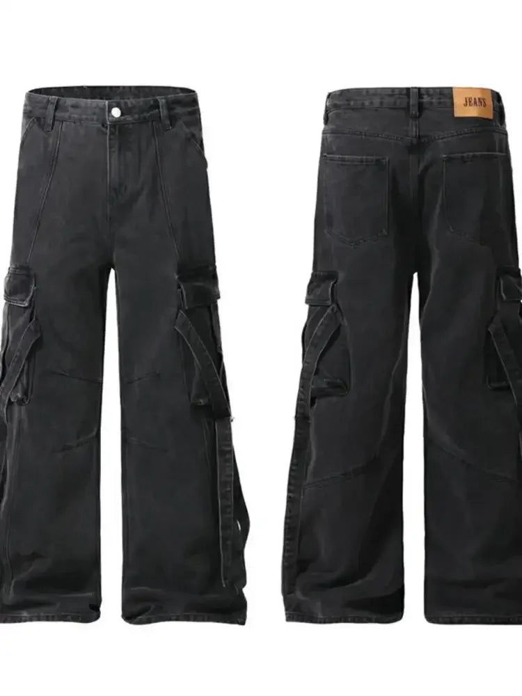 Men's Cargo Wide Leg Jeans with Multiple Pockets