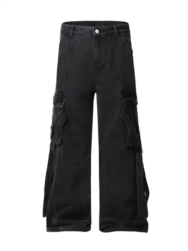 Men's Cargo Wide Leg Jeans with Multiple Pockets
