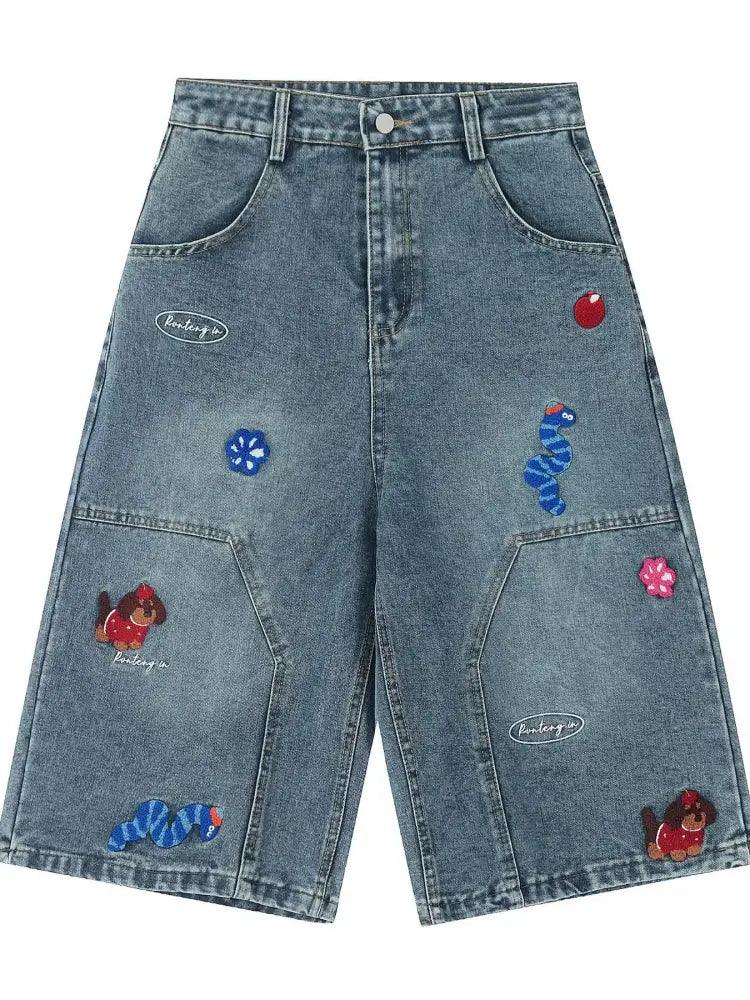 Men's Cartoon Embroidered Detail Wide Leg Denim Shorts - Update AvenueTrendsi100400281897863100400281897863Men's Cartoon Embroidered Detail Wide Leg Denim ShortsBlue