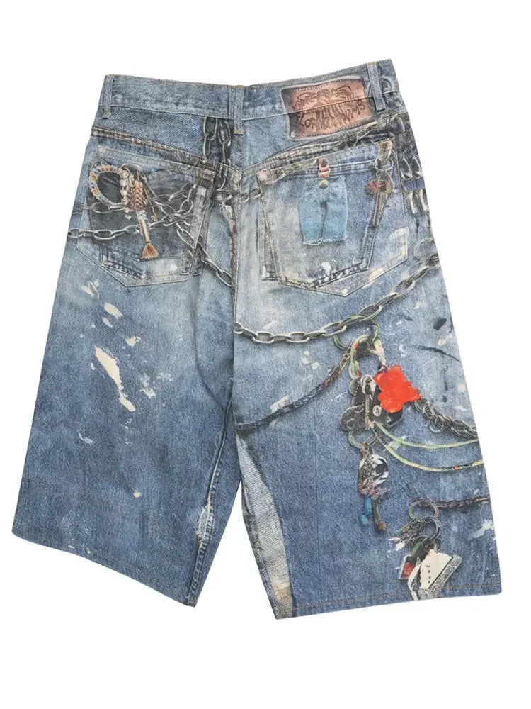 Men's Chain Print Denim Shorts