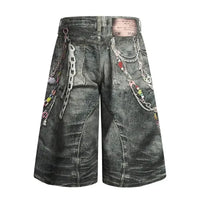 Men's Colorful Beaded Chain Print Denim Shorts