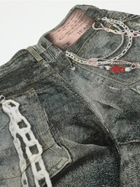 Men's Colorful Beaded Chain Print Denim Shorts
