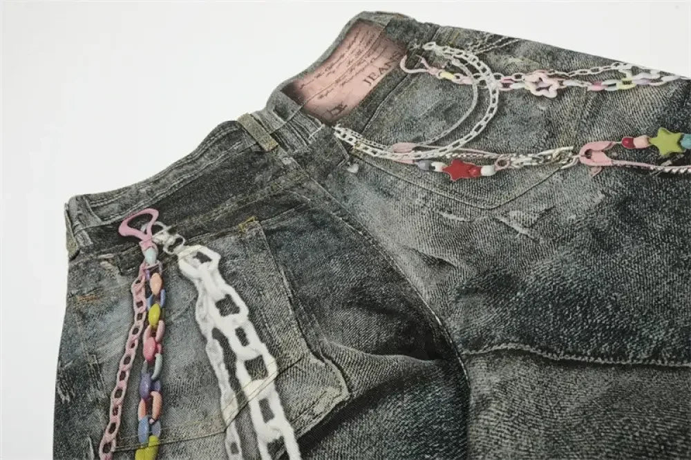 Men's Colorful Beaded Chain Print Denim Shorts
