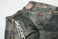 Men's Colorful Beaded Chain Print Denim Shorts