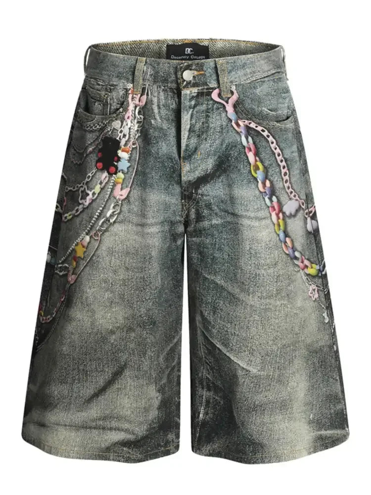 Men's Colorful Beaded Chain Print Denim Shorts