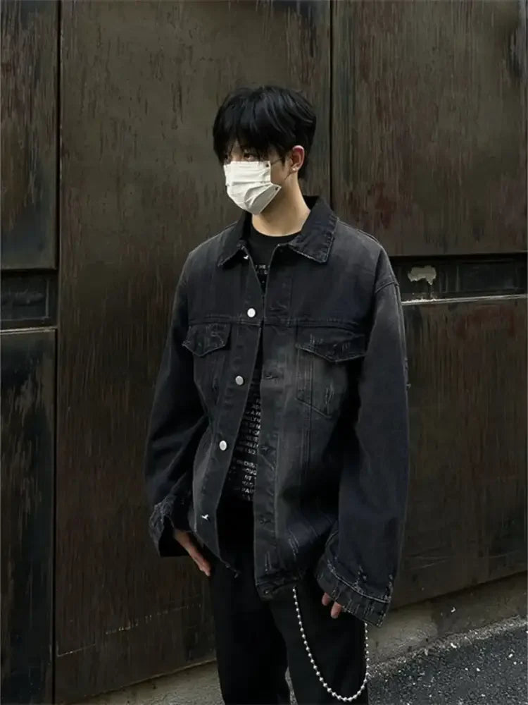 Men's Distressed Button Up Denim Jacket