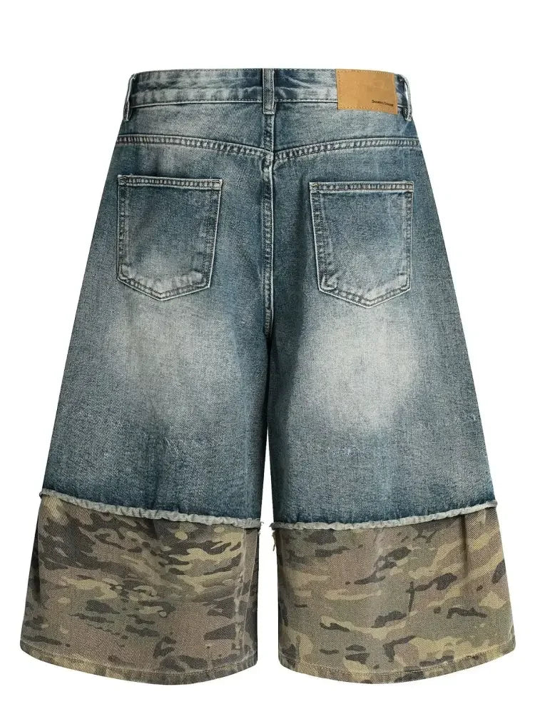 Men's Distressed Camo Panel Denim Shorts