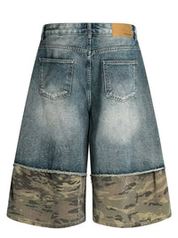 Men's Distressed Camo Panel Denim Shorts
