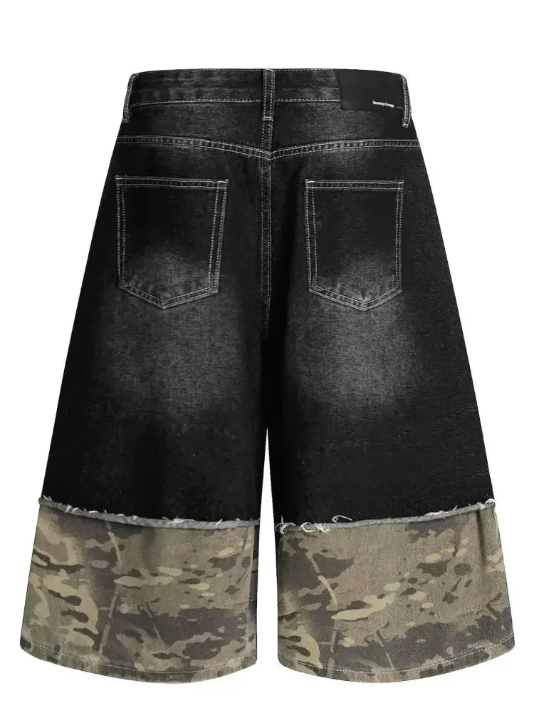 Men's Distressed Camo Panel Denim Shorts