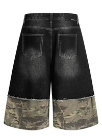 Men's Distressed Camo Panel Denim Shorts