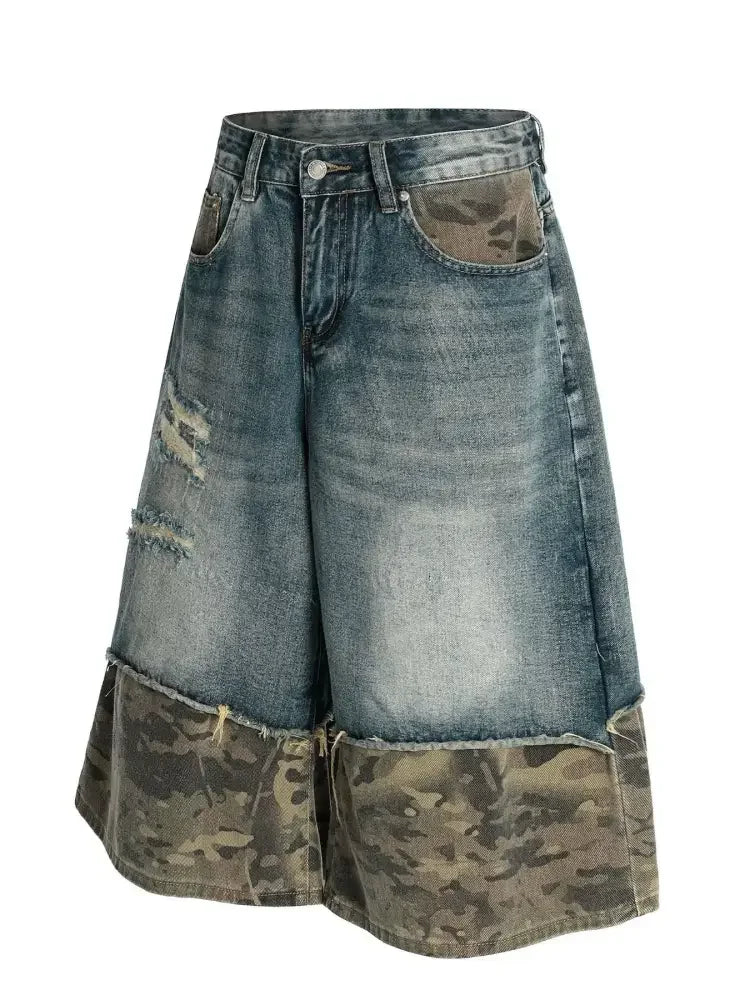 Men's Distressed Camo Panel Denim Shorts