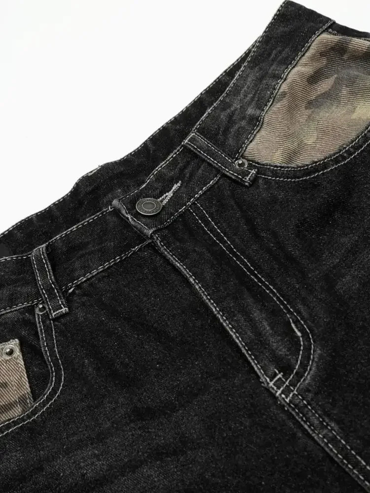 Men's Distressed Camo Panel Denim Shorts
