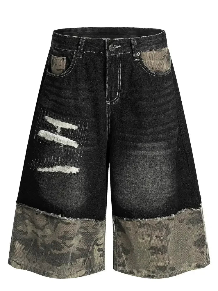 Men's Distressed Camo Panel Denim Shorts