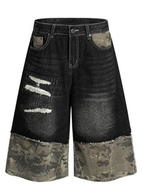 Men's Distressed Camo Panel Denim Shorts