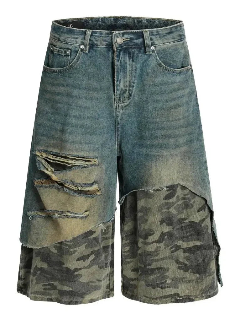 Men's Distressed Camo Patchwork Denim Shorts - Update AvenueTrendsi100400075334492100400075334492Men's Distressed Camo Patchwork Denim ShortsBlue