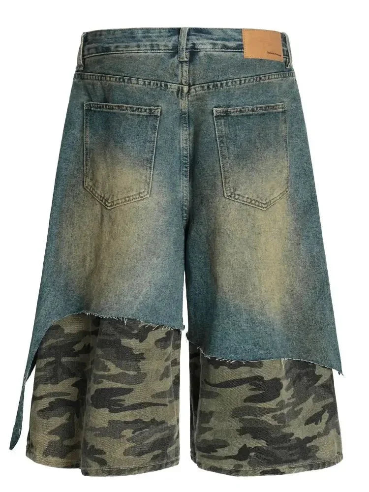 Men's Distressed Camo Patchwork Denim Shorts - Update AvenueTrendsi100400075334492100400075334492Men's Distressed Camo Patchwork Denim ShortsBlue