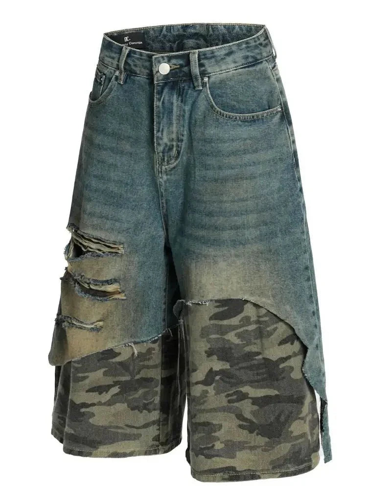 Men's Distressed Camo Patchwork Denim Shorts - Update AvenueTrendsi100400075334492100400075334492Men's Distressed Camo Patchwork Denim ShortsBlue
