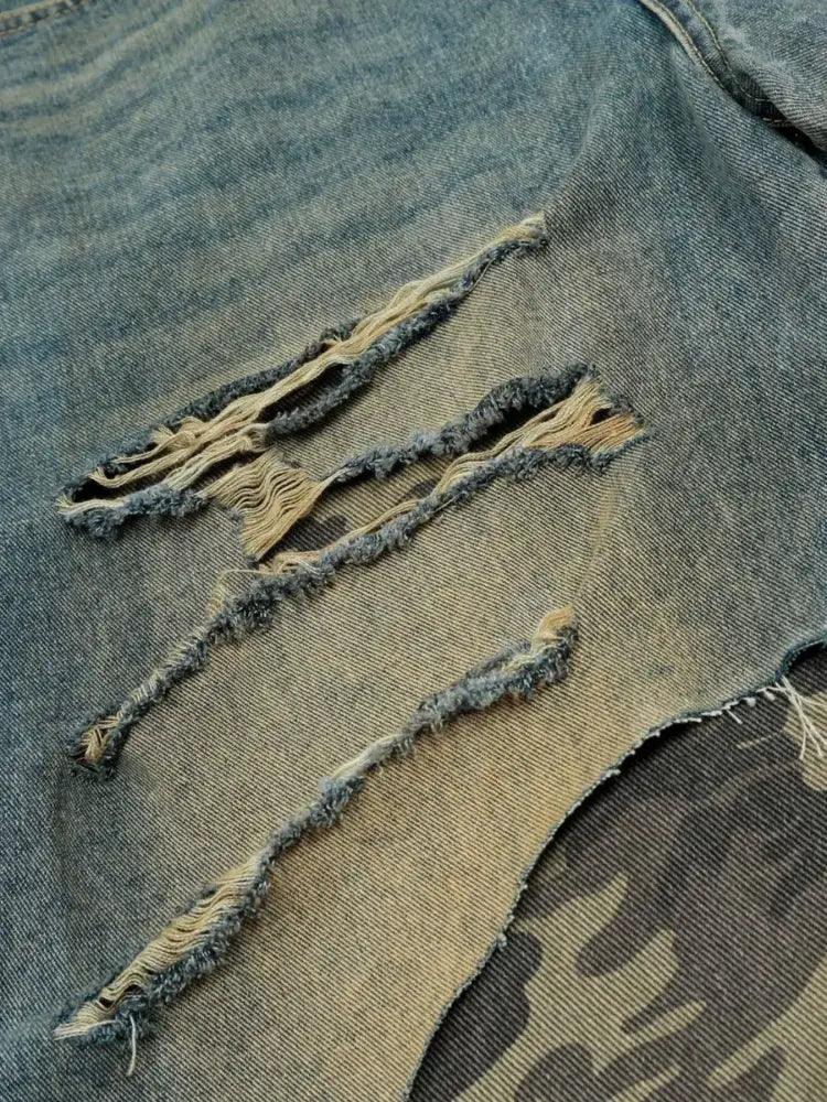 Men's Distressed Camo Patchwork Denim Shorts - Update AvenueTrendsi100400075334492100400075334492Men's Distressed Camo Patchwork Denim ShortsBlue
