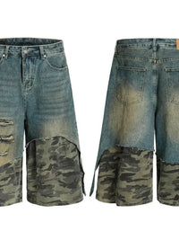 Men's Distressed Camo Patchwork Denim Shorts - Update AvenueTrendsi100400075334492100400075334492Men's Distressed Camo Patchwork Denim ShortsBlue