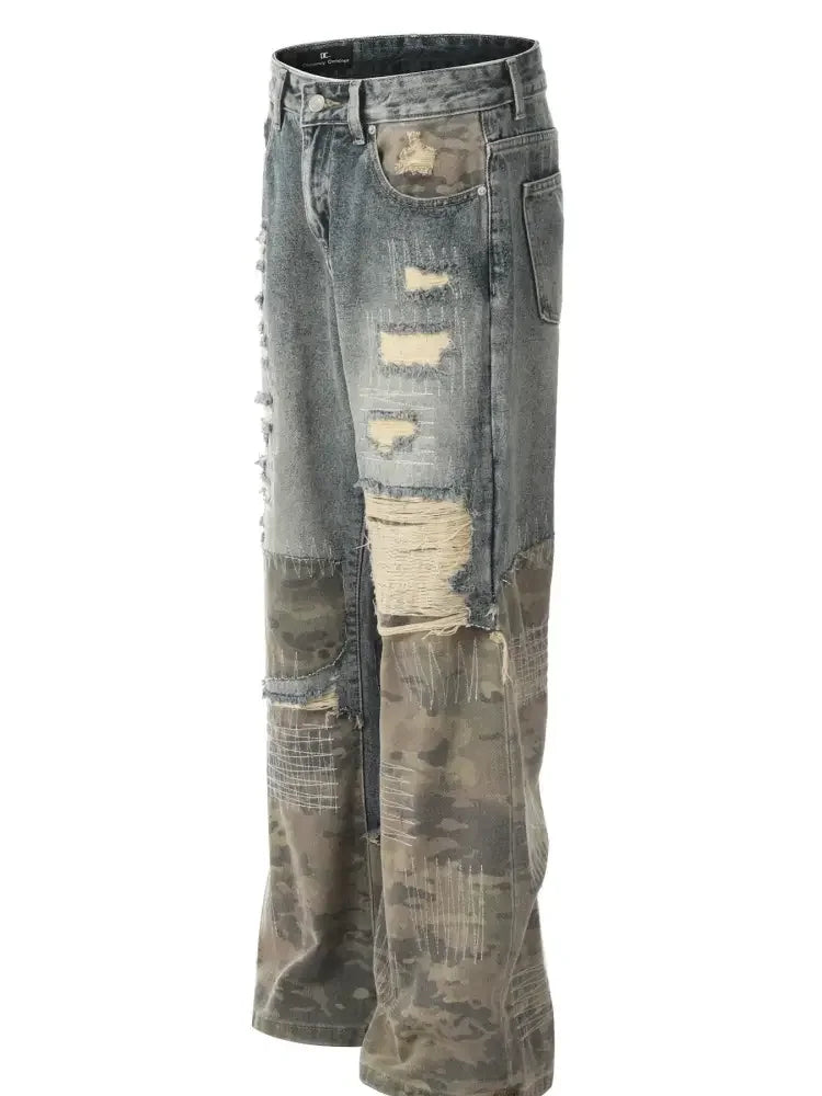 Men's Distressed Camo Patchwork Straight Jeans