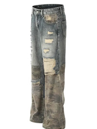 Men's Distressed Camo Patchwork Straight Jeans