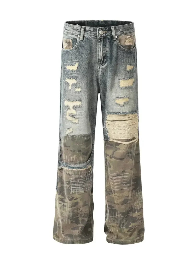 Men's Distressed Camo Patchwork Straight Jeans