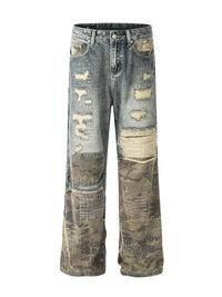 Men's Distressed Camo Patchwork Straight Jeans