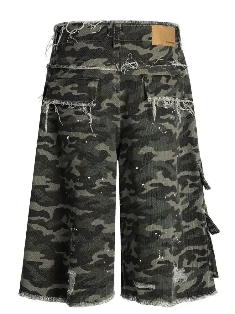 Men's Distressed Camo Print Cargo Denim Shorts