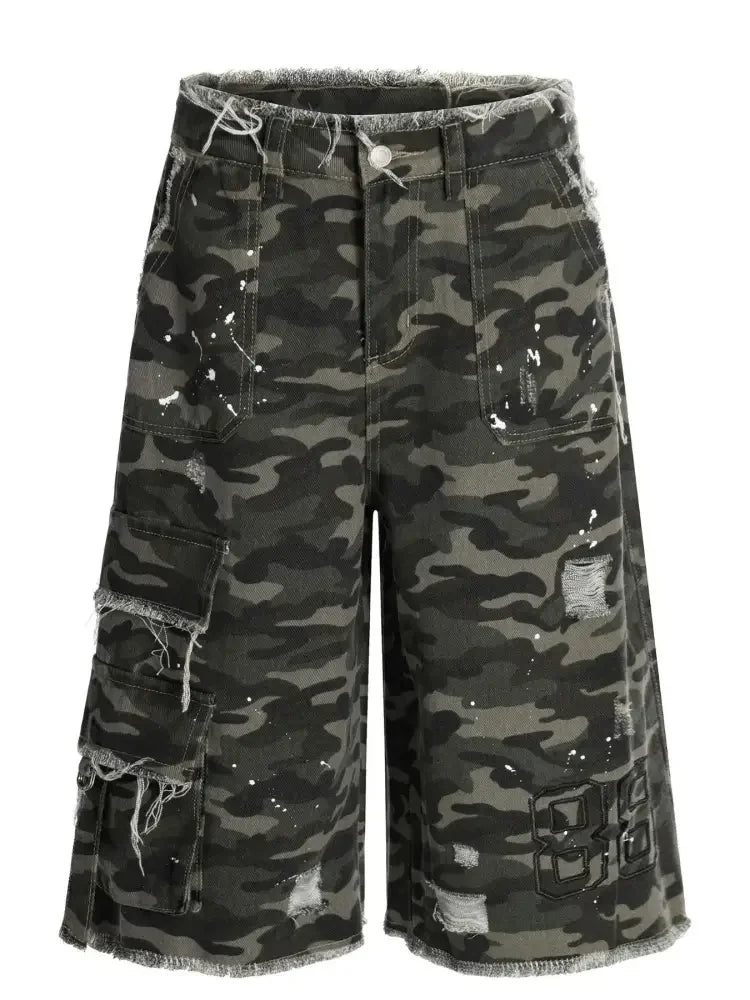 Men's Distressed Camo Print Cargo Denim Shorts