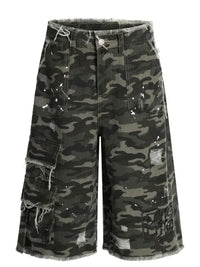 Men's Distressed Camo Print Cargo Denim Shorts