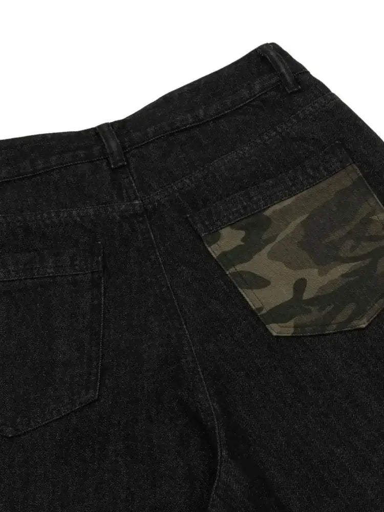 Men's Distressed Camo Trim Denim Bermuda Shorts