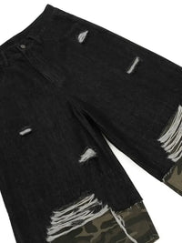 Men's Distressed Camo Trim Denim Bermuda Shorts