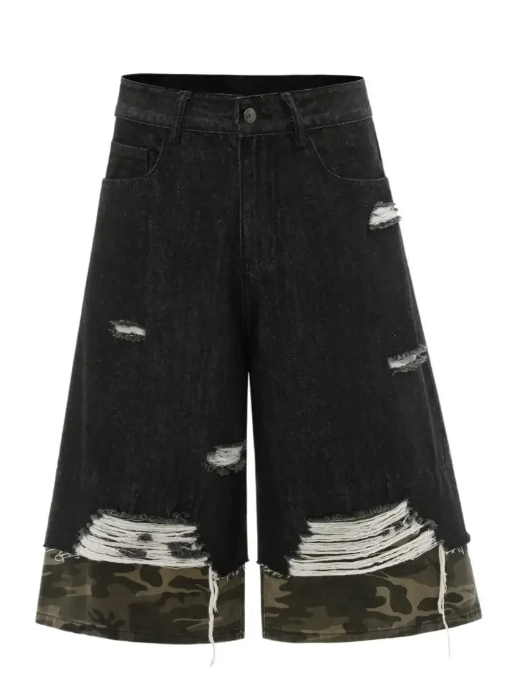 Men's Distressed Camo Trim Denim Bermuda Shorts